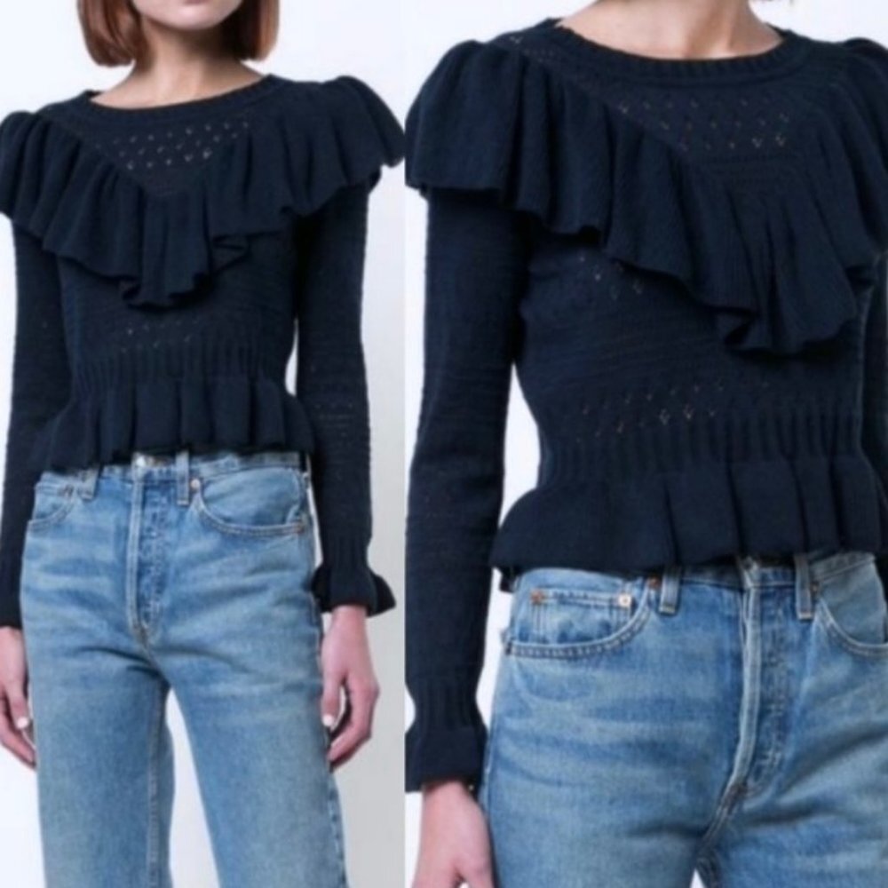 LoveShackFancy Alpaca‎ Knit Sweater Blue Size Large Ruffle Navy Pointelle Boho L